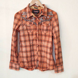 Roar western wear orange plaid rhinestone button up long sleeve top